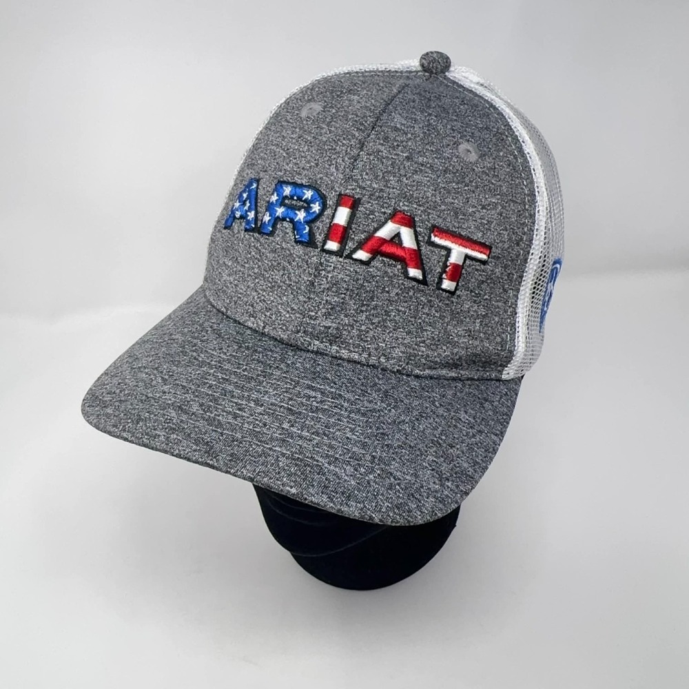 Ariat Snapback Trucker Hat Gray One Size Adjustable Mesh Back Patriotic USA Flag